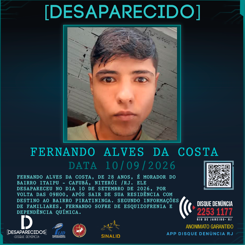Disque Denúncia pede informações sobre o paradeiro de morador de Niterói